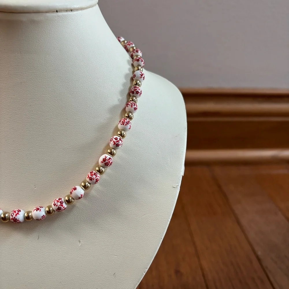 White Ceramic Beaded Necklace and Earring Set with Red Floral Print